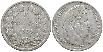 Франция 5 франков 1839 W, Луи Филипп I (1830-1848 )KM 749.13 серебро 4386-325