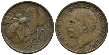 ИТАЛИЯ 10 ЧЕНТЕЗИМО 1922 R, ВИКТОРИО ЭМАНУИЛ III, ПЧЕЛА KM 60 медь 4382-951