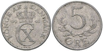 Дания 5 эре 1941 N; S, Кристиан X (1912-1947) KM 834 алюминий 4619-547