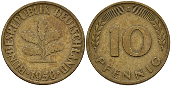ФРГ 10 пфеннигов 1950 G J. 383, KM 108 сталь плакированная латунью    4603-322