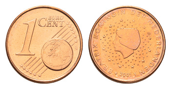 Нидерланды 1 евроцент 2001 Беатрикс (1980-2013), из ролла KM 234 сталь плакированная медью  UNC  M65-01