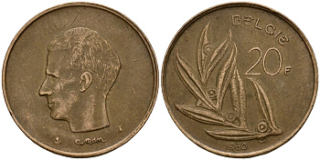 Бельгия 20 франков 1980 Belgie, Бодуэн I (1951-1993) KM 160 никель бронза 4599-142