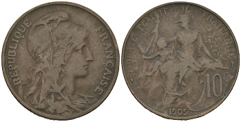 Франция 10 сантимов 1909 KM 843 бронза 221-536