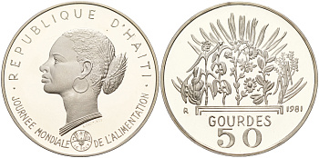 Гаити 50 гурдов 1981 50 лет FAO, голова женщины KM 149 серебро PROOF 1066-1-45