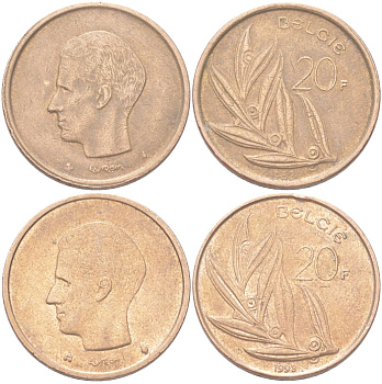 Бельгия набор из 2 монет разных годов (20 франков) 1980 и 1993 Belgie, Бодуэн I (1951-1993) KM 160 никель бронза 4143-813-814