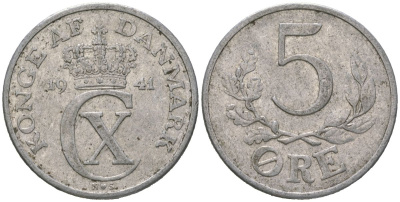 Дания 5 эре 1941 N; S, Кристиан X (1912-1947) KM 834 алюминий 4619-547
