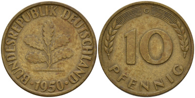 ФРГ 10 пфеннигов 1950 G J. 383, KM 108 сталь плакированная латунью    4603-322