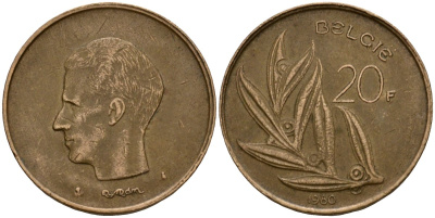 Бельгия 20 франков 1980 Belgie, Бодуэн I (1951-1993) KM 160 никель бронза 4599-142