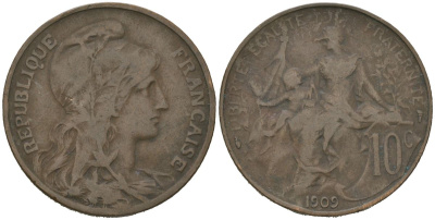 Франция 10 сантимов 1909 тип Дюпюи KM 843, LA FRANC 136.19 бронза 221-536