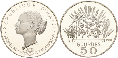 Гаити 50 гурдов 1981 50 лет FAO, голова женщины KM 149 серебро PROOF 1066-1-45