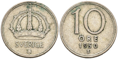 Швеция 10 эре 1950 Густав VI Адольф (1950-1973) KM 823 серебро 4564-742