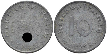 ГЕРМАНИЯ 10 РЕЙХСПФЕННИГОВ 1942 D KM 101, J. 371 цинк 4401-647