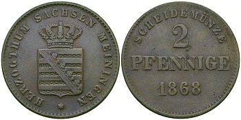 Саксен-Мейнинген 2 пфеннига 1868 Георг II (1866-1914) KM 174 медь 99-658
