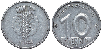 ГДР 10 пфеннигов 1948 A KM 3 алюминий 4119-442