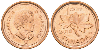 Канада 1 цент 2010 Елизавета II (1952-2022), кленовый лист KM 490 цинк плакированная едью UNC 4617-923