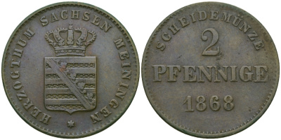 Саксен-Мейнинген 2 пфеннига 1868 Георг II (1866-1914) KM 174 медь 99-658