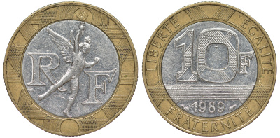 Франция 10 франков 1989 тип гений Бастилии KM 964.1, Le Franc 375.3 биметалл  45-635