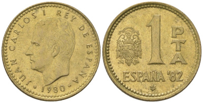 Испания 1 песета 1980 (80), Хуан Карлос I (1975-2014), чемпионат мира по футболу 1982 года в Испании KM 816 алюминиевая бронза UNC 4617-1145