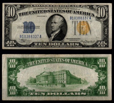 США 10 долларов 1934 Выпущено для военного использования в Северной Африке и на Сицилии во время Второй мировой войны. Желтая печать Pick 415 Y, Fr. 2309 бумага 451-1276-1