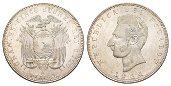 Эквадор 5 сукре 1944 KM 79 серебро UNC 11-152-11