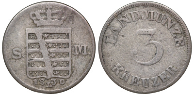 Саксен-Мейнинген 3 крейцера 1830 L, Бернгард II (1803-1866) KM 127, Jaeger 417, AKS 196 серебро    413-6824