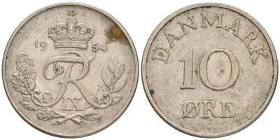 ДАНИЯ 10 ЭРЕ 1954 N; S, ФРЕДЕРИК IX (1947-1972) KM 841.1 медно-никель 4528-762