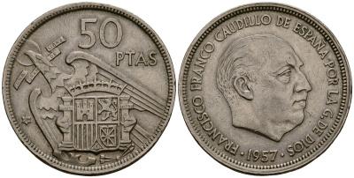 Испания 50 песет 1957 Франсиско Франко (1939-1975) KM 788 медно-никель 4165-1022
