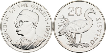 Гамбия 20 даласи 1977 серия защита окружающей среды, шпорцевый гусь, тираж 4302 экз. KM 17 серебро UNC 00-000-00