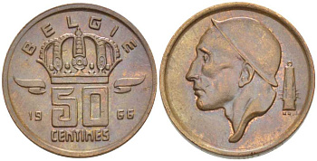 БЕЛЬГИЯ 50 САНТИМОВ 1966 BELGIE, БОДУЭН I (1951-1993) KM 149.1 бронза 206-146