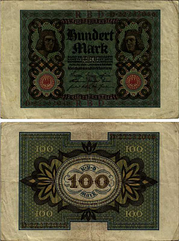 Германия 100 марок 1920 Бамбергский всадник, 8 цифр в номере Pick 69 b, Розенберг 69b бумага 7487-16-1