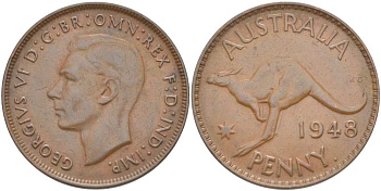 АВСТРАЛИЯ 1 ПЕННИ 1948 p, ГЕОРГ VI (1936-1952), КЕНГУРУ KM 36 бронза 4512-1142