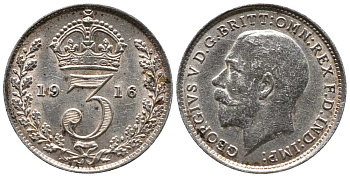 Великобритания 3 пенса 1916 Георг V (1910-1936) KM 813, Spink 4015 серебро 214-332