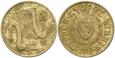 Кипр 2 цента 1993 KM 54.3 никель латунь 4174-1257