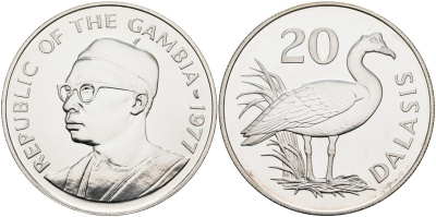 Гамбия 20 даласи 1977 серия защита окружающей среды, шпорцевый гусь, тираж 4302 экз. KM 17 серебро UNC 00-000-00
