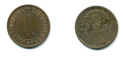 ГЕРМАНИЯ 1 РЕЙХСПФЕННИГ 1931 E KM 37, J. 313 бронза 46-957
