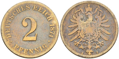 ГЕРМАНИЯ 2 ПФЕННИГА 1874 B, СТАРОГЕРБОВКА KM 2, Jager 2, Weege 3 медь 4546-532