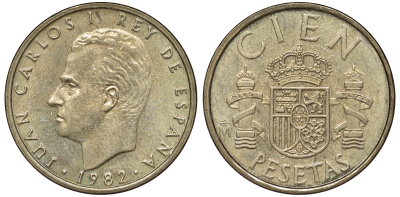 ИСПАНИЯ 100 ПЕСЕТ 1982 ХУАН КАРЛОС I (1975-) KM 826 алюминиевая бронза 62-1133