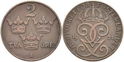 Швеция 2 эре 1921 Густав V (1907-1950) KM 778 бронза 63-1126