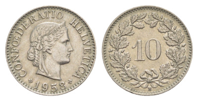 Швейцария 10 раппенов 1958 B KM 27 медно-никель 4625-232