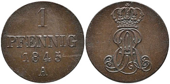 Ганновер 1 пфенниг 1845 B, Эрнст Август (1837-1851) KM 201.1, AKS 129, J. 74 медь 4398-541
