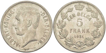 БЕЛЬГИЯ 5 ФРАНКОВ 1931 АЛЬБЕРТ I, DER BELGEN KM 98 никель 3851-335