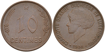 Люксембург 10 сантимов 1930 Шарлотта (1918-1964) KM 41 бронза 4541-351
