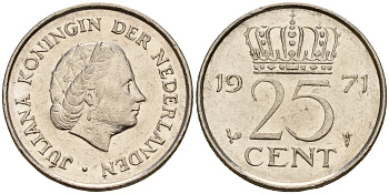 Нидерланды 25 центов 1971 Юлиана (1949-1980) KM 183 никель    4598-459