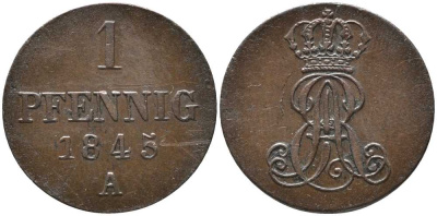 Ганновер 1 пфенниг 1845 B, Эрнст Август (1837-1851) KM 201.1, AKS 129, J. 74 медь 4398-541