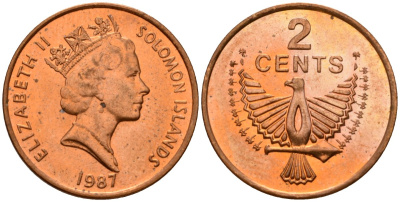 Соломоновы Острова 2 цента 1987 Елизавета II (1953-) KM 25 сталь плакированная бронзой aUNC 4563-141