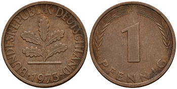 ФРГ 1 пфенниг 1973 J KM 105, J. 380 сталь плакированная медью    4598-541