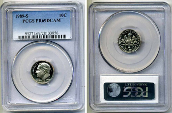 США 10 центов (дайм) 1989 S, президент Рузвельт, в слабе PCGS PR69CAM KM 195а медь плакированная медно-никелем PROOF 15-002-10