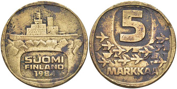 ФИНЛЯНДИЯ 5 МАРОК 1984 N, ЛЕДОКОЛ KM 57 алюминиевая бронза 4403-333