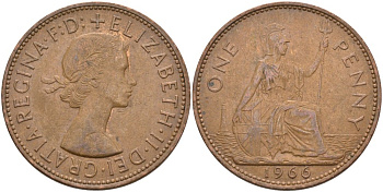 Великобритания 1 пенни 1966 Елизавета II (1952-2022) KM 897, Spink 4157 бронза 4574-313