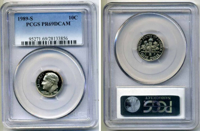 США 10 центов (дайм) 1989 S, президент Рузвельт, в слабе PCGS PR69CAM KM 195а медь плакированная медно-никелем PROOF 15-002-10
